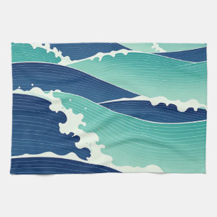 Ocean Waves Teal Blue Japanese Style Tea Towel