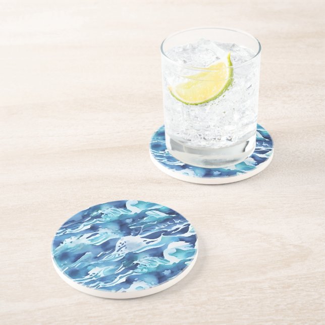 Ocean Waves | Teal Watercolor Aqua Blue Coaster (Side)