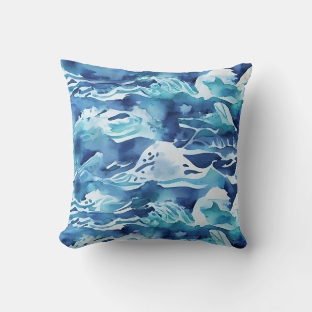 Ocean Waves | Teal Watercolor Aqua Blue Cushion (Front)