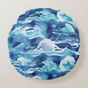 Ocean Waves   Teal Watercolor Aqua Blue Round Cushion