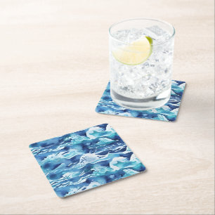 Ocean Waves   Teal Watercolor Aqua Blue Square Paper Coaster