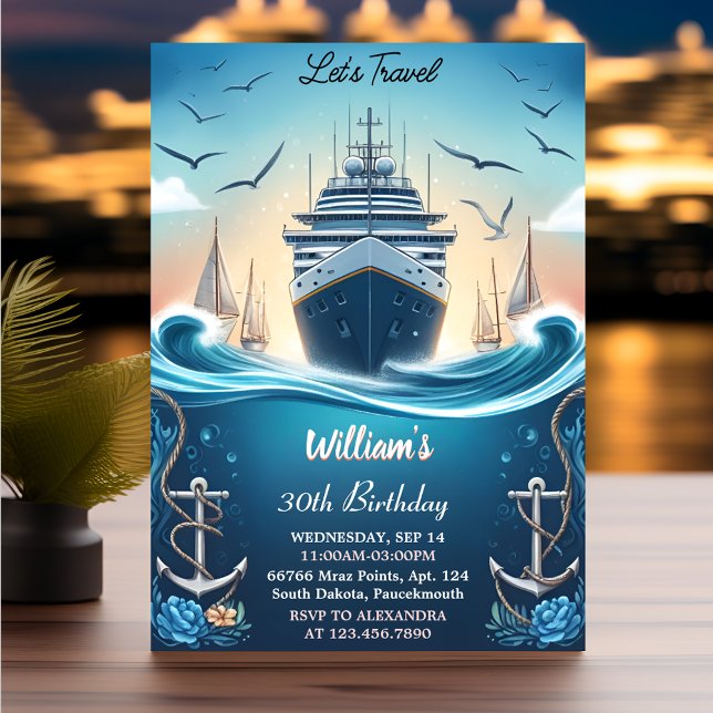 Ocean Waves Travel Anchor Yacht 30th Birthday Invitation (Creator Uploaded)
