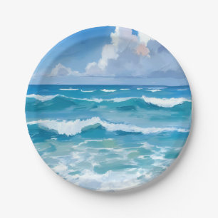 Ocean Waves Watercolor Beach Coastal Wedding Paper Plate
