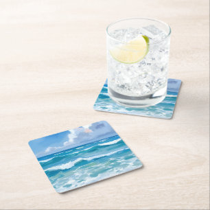 Ocean Waves Watercolor Beach Coastal Wedding Square Paper Coaster