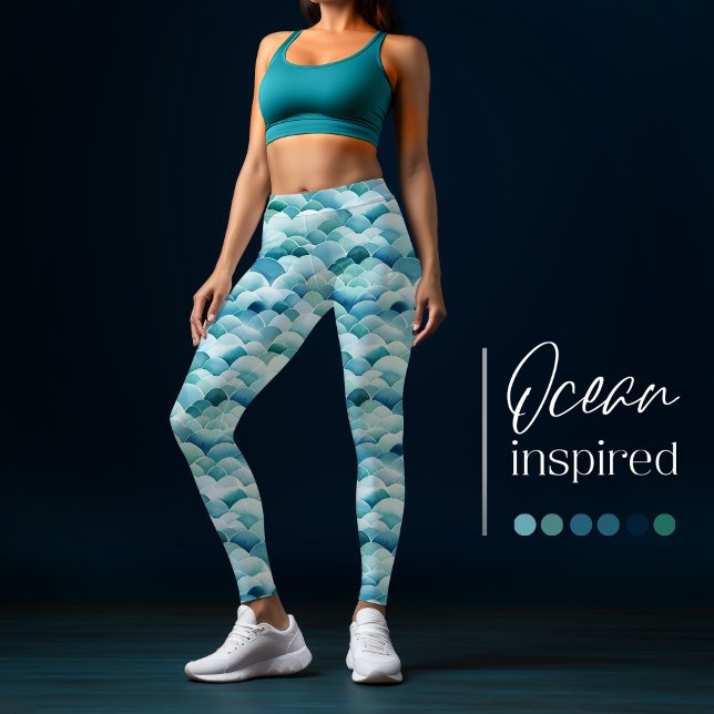 Ocean Waves Watercolor Turquoise Pattern Leggings (Creator Uploaded)