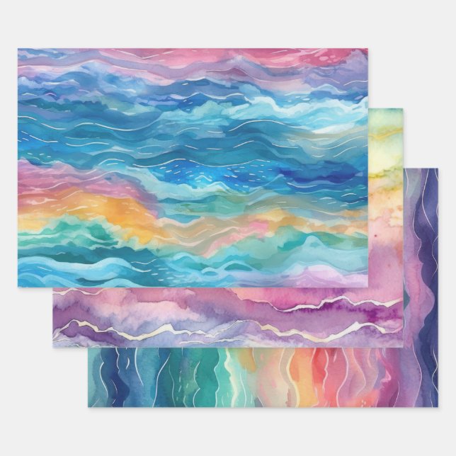 Ocean Waves Watercolour Rainbow Inspired Stripe Wrapping Paper Sheet (Set)