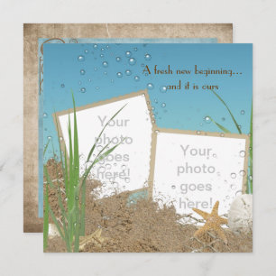ocean wedding photo frame in sand invitation