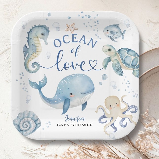 Ocean Whale Baby Shower Boy Blue  Paper Plate (Creator Uploaded)