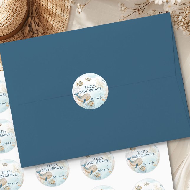 Ocean Whale Baby Shower Under the Sea Classic Round Sticker (Whale Baby Shower stickers from the Whale Baby Shower Collection by Darling & May)