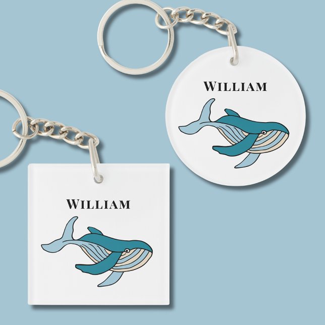 Ocean Whale kids Key Ring (Blue ocean whale nautical keychain with kids name. Great for school bags and house keys.)
