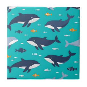 Ocean Whales Dolphins Pattern Ceramic Tile