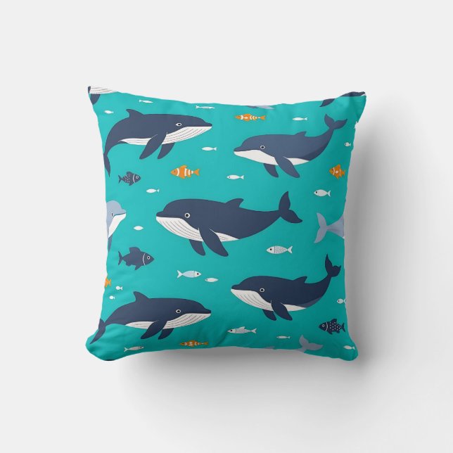 Ocean Whales Dolphins Pattern Cushion (Front)