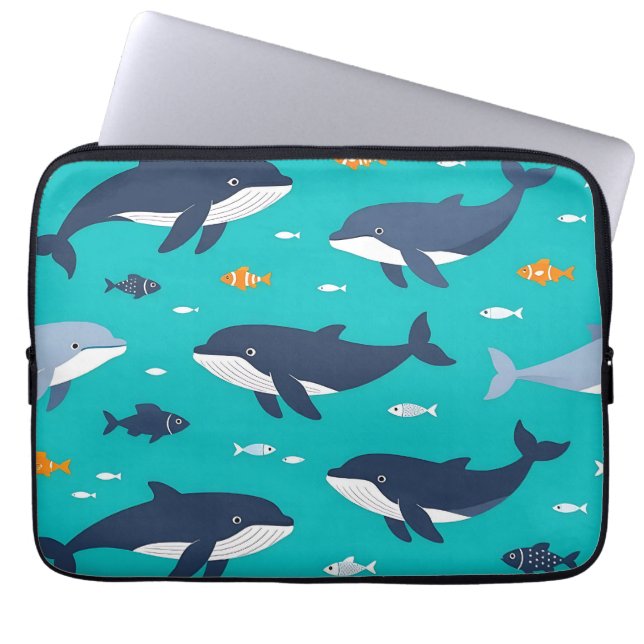 Ocean Whales Dolphins Pattern Laptop Sleeve (Front)