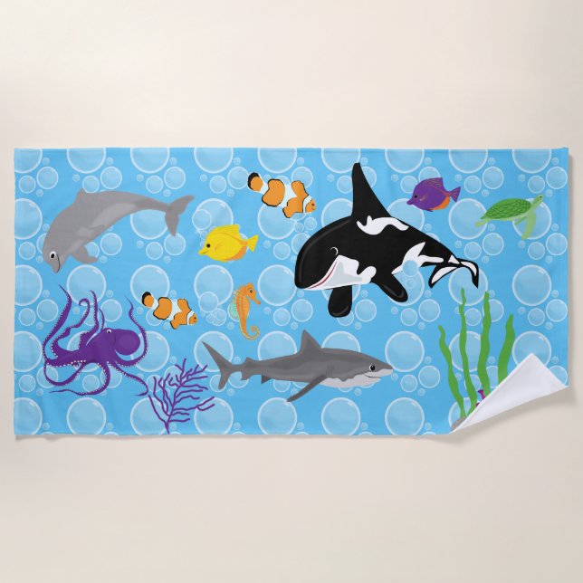 Ocean Whales, Sharks, and Fish  Beach Towel (Front)
