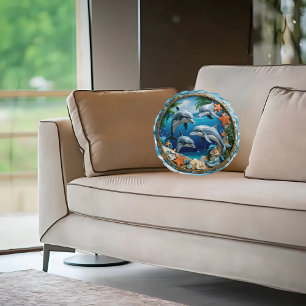 Ocean Whirl Dolphins Round Pillow