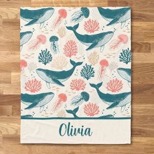 Ocean Wonders Whale Jellyfish Coral Fleece Blanket