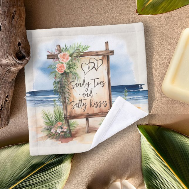 Oceanfront Beach Wedding Favour Wash Cloth (Wedding favor wash cloth for sandy toes! from the Sunset Beach Wedding Collection by Darling & May)