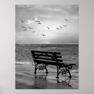 Oceanfront Bench with Seagulls at Sunset Poster