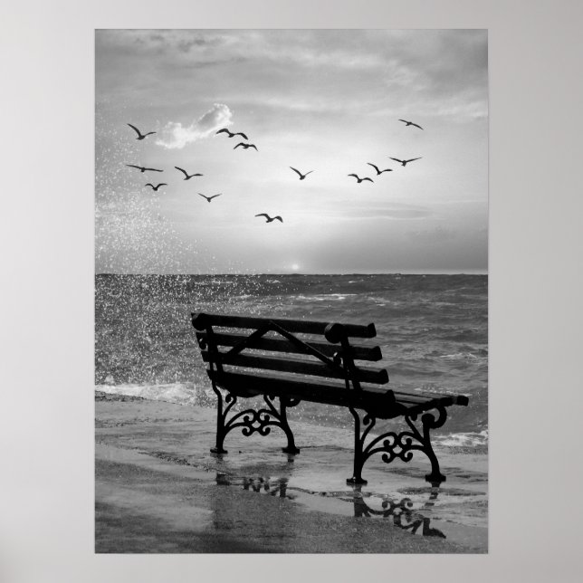 Oceanfront Bench with Seagulls at Sunset Poster (Front)
