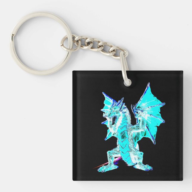 Oceanic Aqua Flame Dragon Mythical Pocket Art Key Ring (Front)