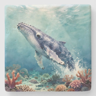 Oceanic Blue Whale and Coastal Poem Stone Coaster