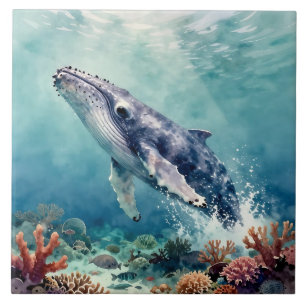 Oceanic Blue Whale Watercolor Coastal Art Ceramic Tile