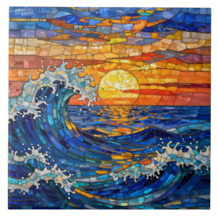 Oceanic Coastal Ocean Waves Sunset Ceramic Tile