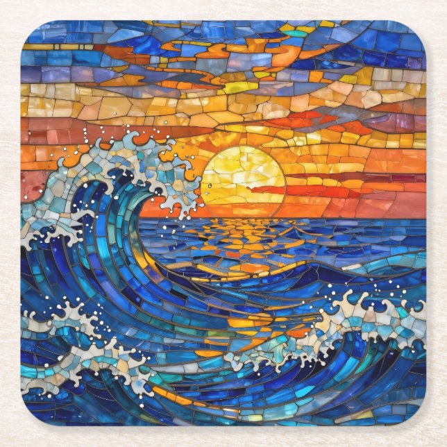 Oceanic Coastal Ocean Waves Sunset   Square Paper Coaster (Front)