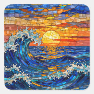 Oceanic Coastal Ocean Waves Sunset   Square Sticker