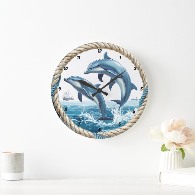 Oceanic Dance Dolphin Jumping with Rope Frame Large Clock (Home)
