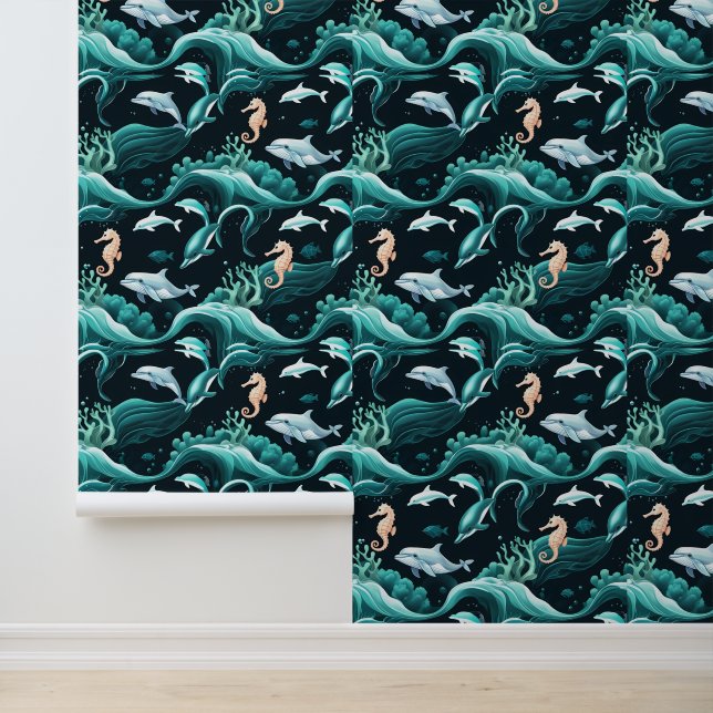 Oceanic Dolphins & Seahorses Peel and Stick Wallpaper (Application)