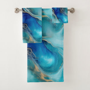 Oceanic Harmony: Cobalt and Teal Brushstrokes Bath Towel Set