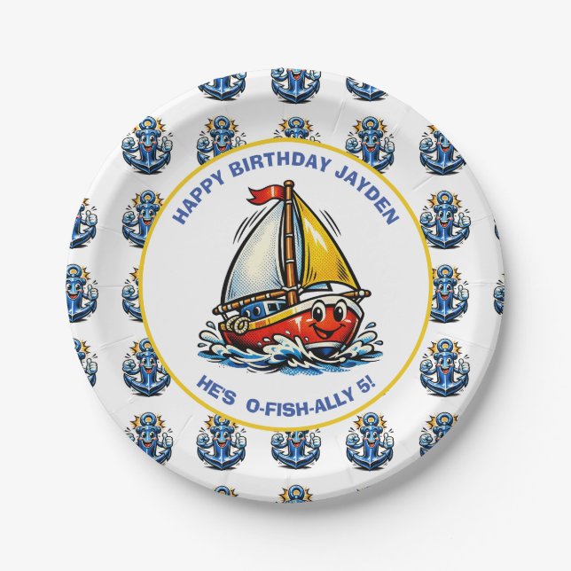Oceanic Maritime Sailboat Boy's Birthday Party Paper Plate (Front)