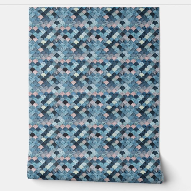 Oceanic Scales Mini - Blue, Pink, Grey - Coastal Wallpaper (Unrolling)