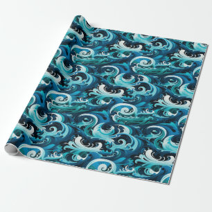 Oceanic Totem Poles & Feather Wave Design Wrapping Paper