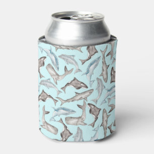 Oceanic Watercolor Fishes in Blue Black White Grey Can Cooler