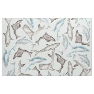 Oceanic Watercolor Fishes in Blue Black White Grey Fabric