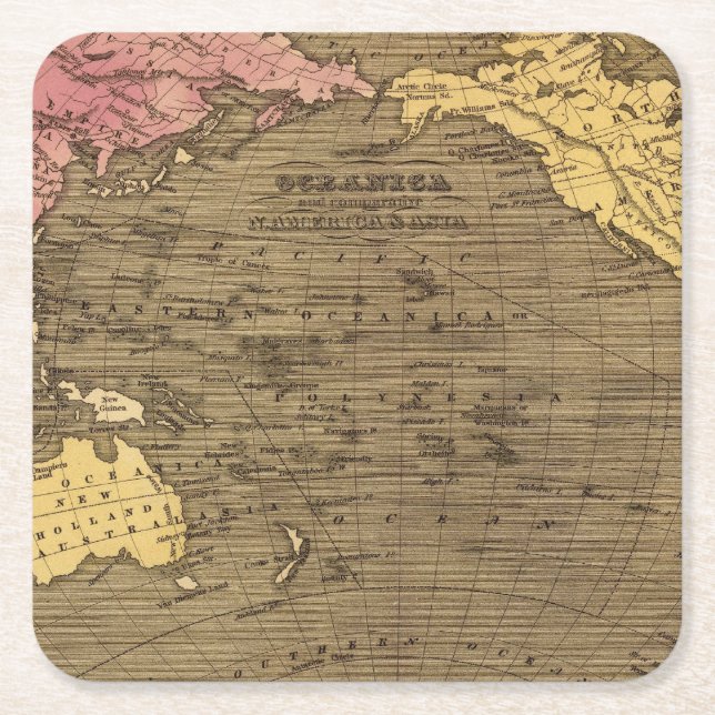 Oceanica Hand Coloured Atlas Map Square Paper Coaster (Front)