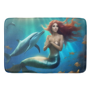"Ocean's Dance: A Mermaid and Dolphins' Journey" Bath Mat