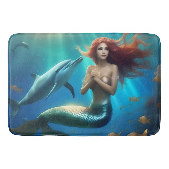 "Ocean's Dance: A Mermaid and Dolphins' Journey" Bath Mat (Front)