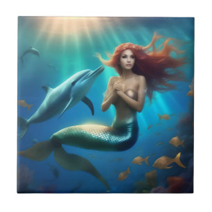 "Ocean's Dance: A Mermaid and Dolphins' Journey" Ceramic Tile