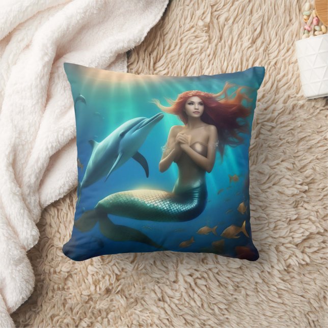 "Ocean's Dance: A Mermaid and Dolphins' Journey" Cushion (Blanket)