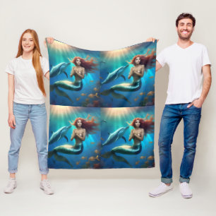 "Ocean's Dance: A Mermaid and Dolphins' Journey" Fleece Blanket