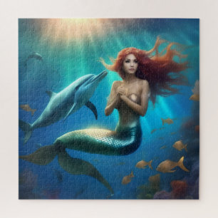 "Ocean's Dance: A Mermaid and Dolphins' Journey" Jigsaw Puzzle