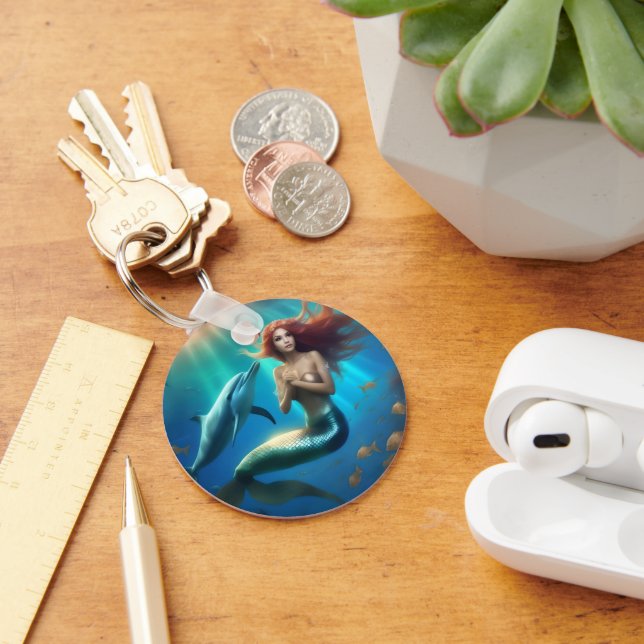 "Ocean's Dance: A Mermaid and Dolphins' Journey" Key Ring (Desk)