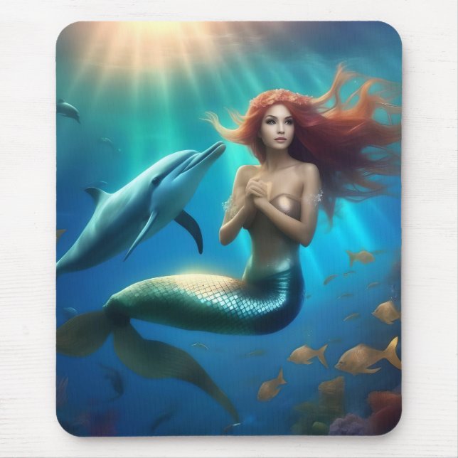 "Ocean's Dance: A Mermaid and Dolphins' Journey" Mouse Pad (Front)