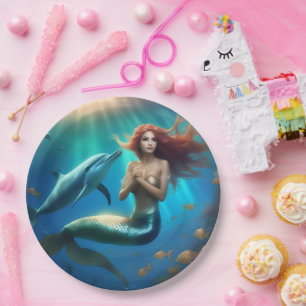 "Ocean's Dance: A Mermaid and Dolphins' Journey" Paper Plate