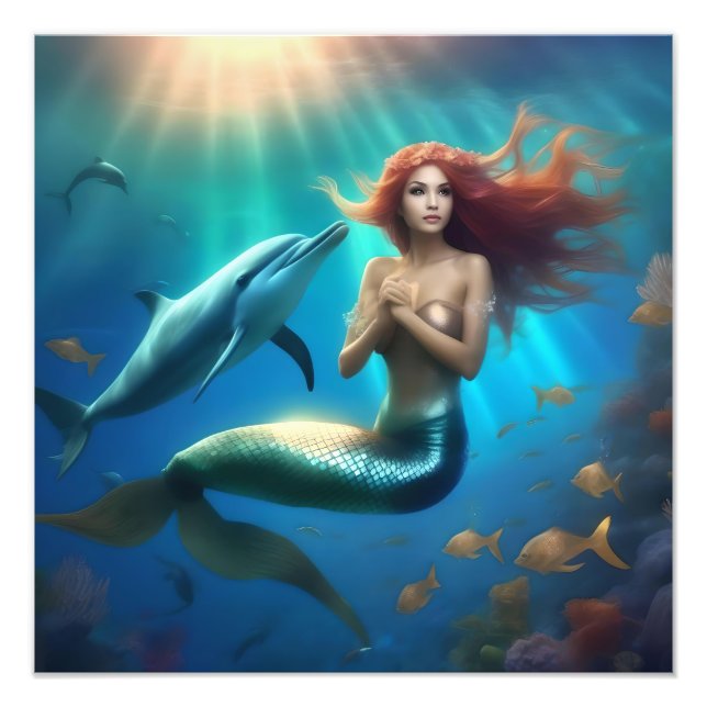 "Ocean's Dance: A Mermaid and Dolphins' Journey" Photo Print (Front)