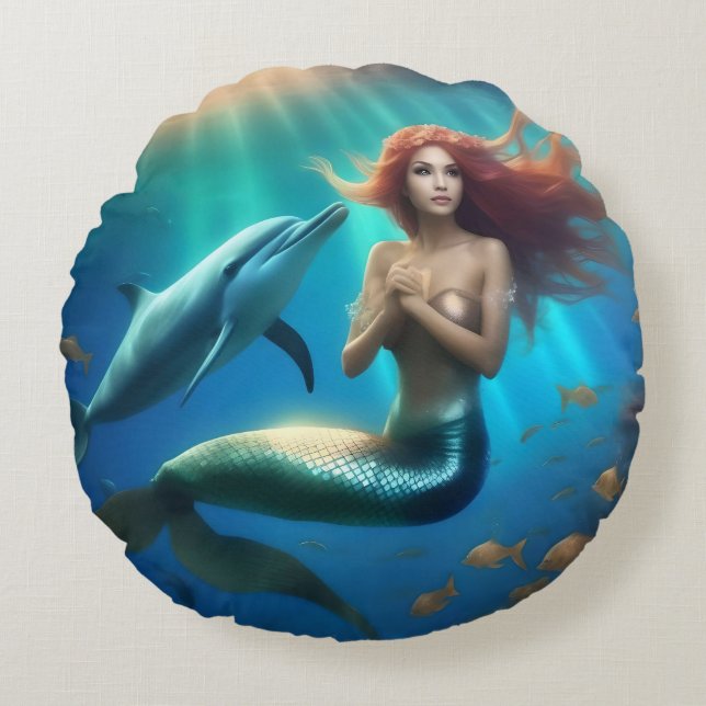 "Ocean's Dance: A Mermaid and Dolphins' Journey" Round Cushion (Front)