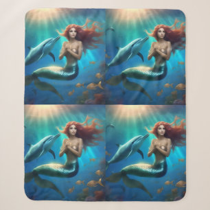 "Ocean's Dance: A Mermaid and Dolphins' Journey" Sherpa Blanket
